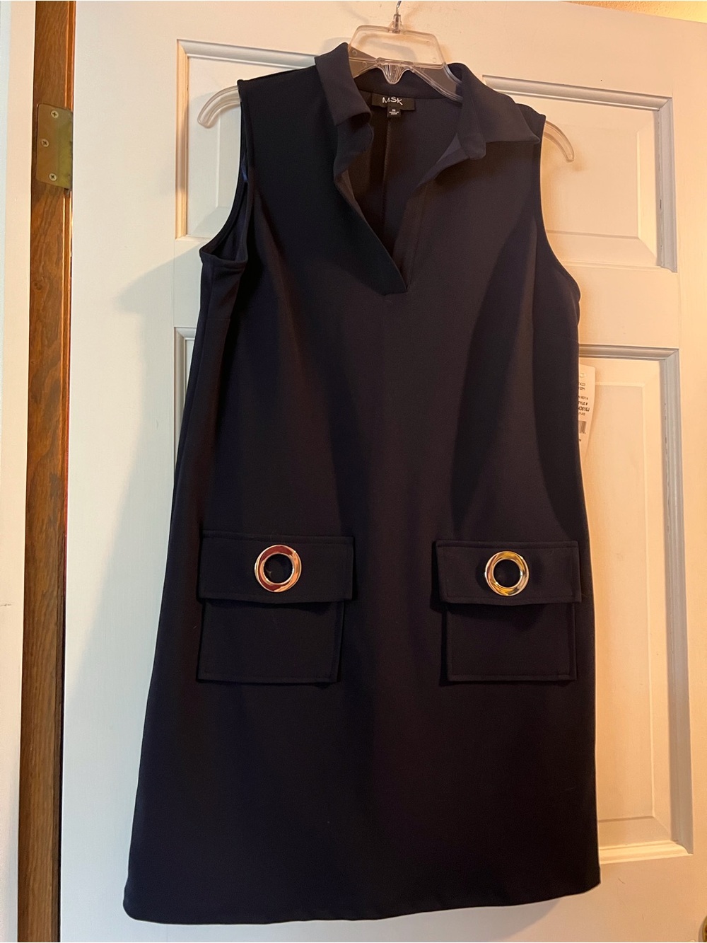MSK Navy Sleeveless Shift Dress with Gold Ring Pocket Detail